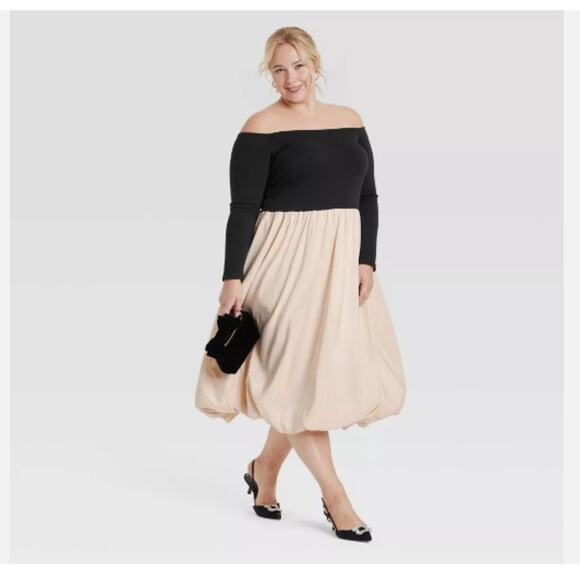 a new day Dresses & Skirts - Long Sleeve A-Line Bubble Hem Midi Dress - NWT 2X Black/Cream A New Day Reg $74